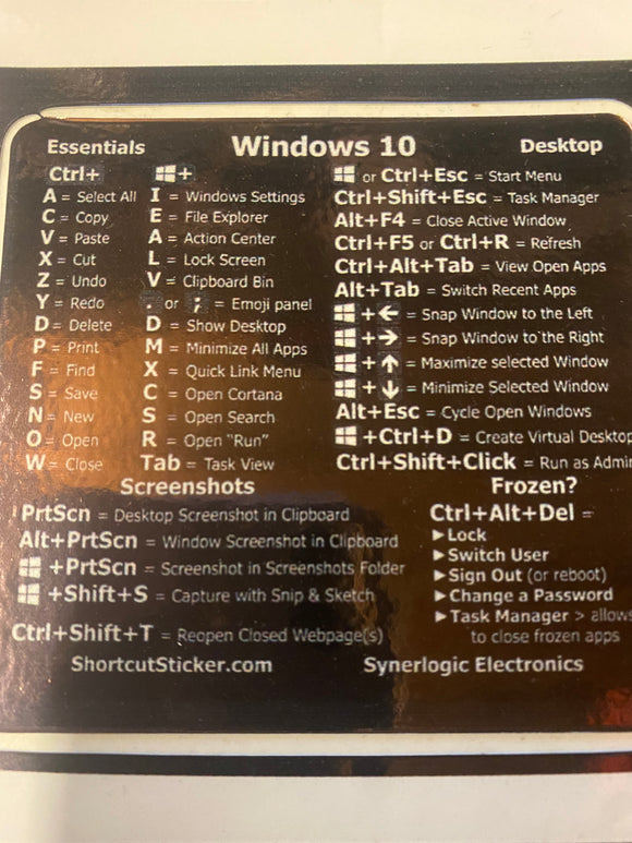 Windows 10 short cut keys sticker
