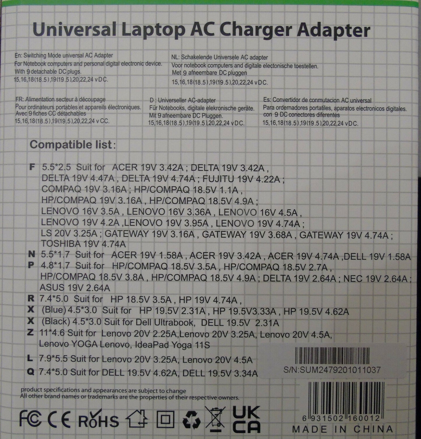 Sumvision Universal Laptop AC Charger Adapter Power Supply Charger 95W 9 tips